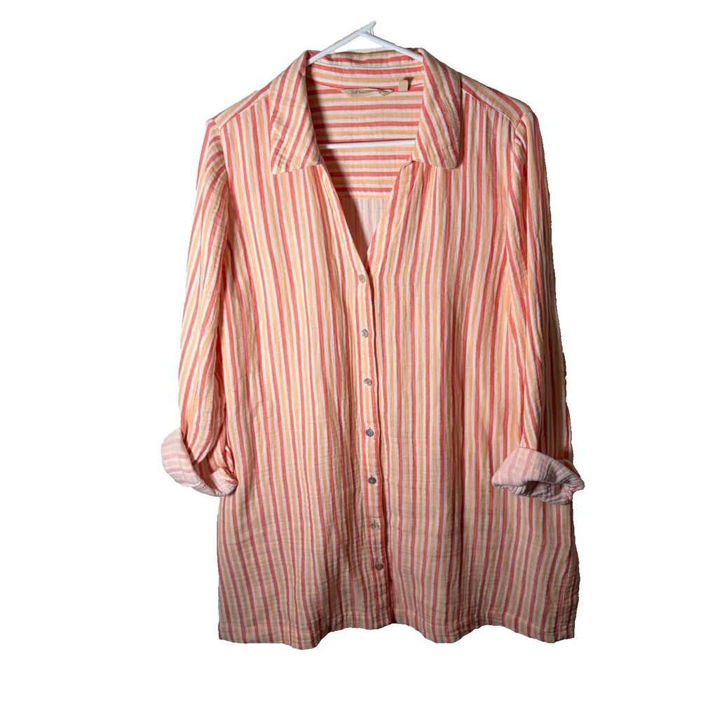 Soft Surroundings Shirt Women's Large Orange Striped Button Up 3/4 Sleeve Top
